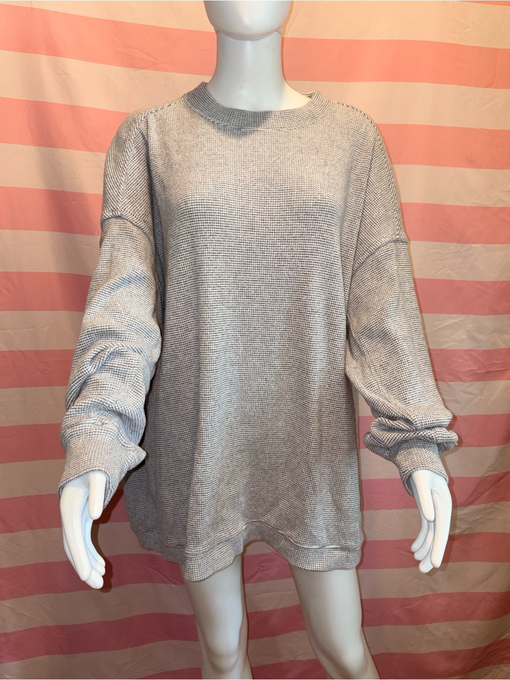 Aerie Oversized Waffle Knit Crewneck Sweatshirt Grey White Striped XL
